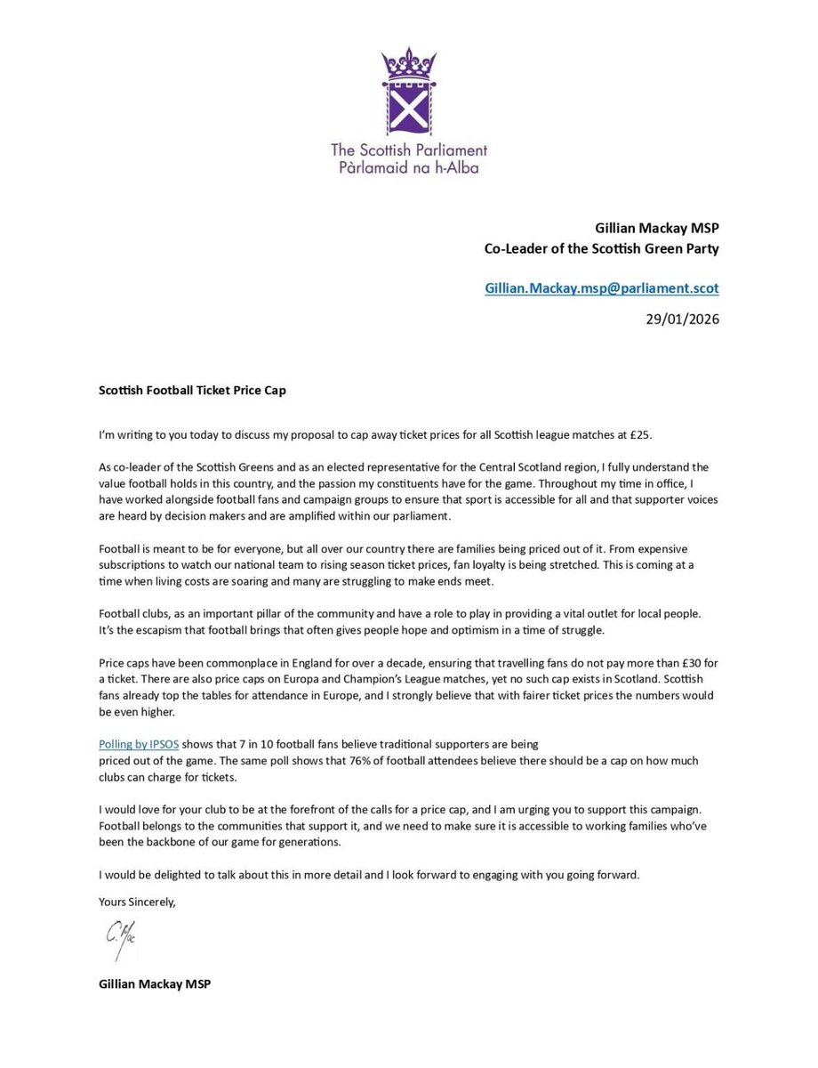 I have written to all 42 SPFL chief executives urging them to support a £25 cap on away ticket prices.

I believe with lower prices attendances would be even higher.

Football is often the beating heart of our communities.  It should not be a luxury that only a few can afford.