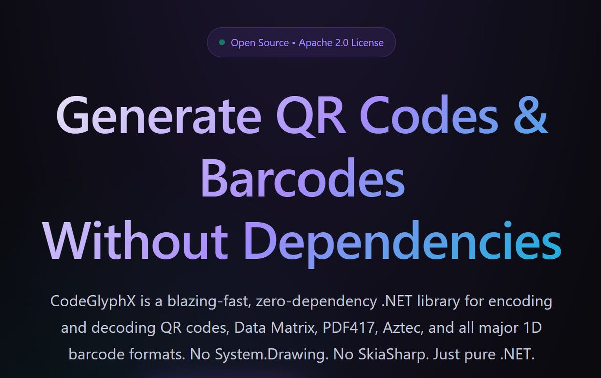 I needed QR and barcode encoding/decoding in .NET
without dragging in half the world.

So I built CodeGlyphX.

Zero dependencies.
Encode + decode.
Pure .NET.

codeglyphx.com
