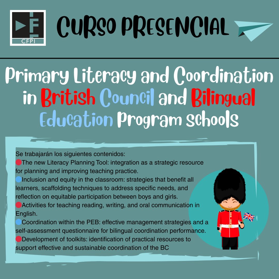 CFPIdiomas's tweet photo. ❗❗ DOCENTES Y COORDINADORES/AS DE CENTROS BRITISH Y SECCIONES BILINGÜES❗❗

Curso  "Primary Literacy and Coordination in British and Bilingual Program Schools" 🇬🇧

📍 Presencial el 25/02

Más info en web 📲

#formacióncyl #innovacyl #internacionalizacyl #aprendeinnovaycomparte https://t.co/iZdD3ORZCK