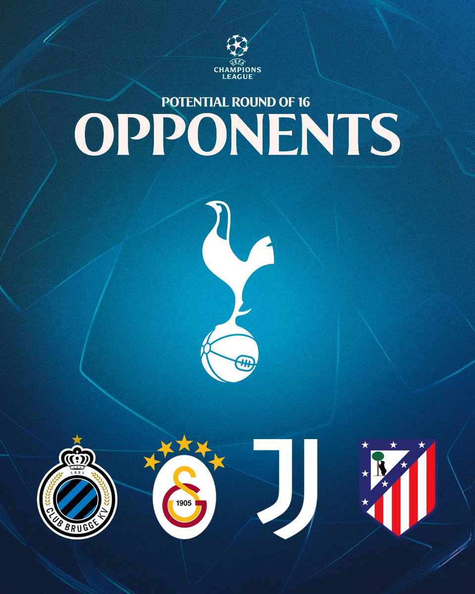 챔피언스리그 16강 플레이오프 대진표 확정✔️
아래 경기 승자 중 한 팀과 16강에서 격돌합니다!

🗓 플레이오프 대진
갈라타사라이 vs 유벤투스
클뤼프 브뤼허 vs 아틀레티코 마드리드

🗳 16강 대진 및 일정 추첨
2026년 2월 27일

#THFC #COYS #SpursKR #토트넘