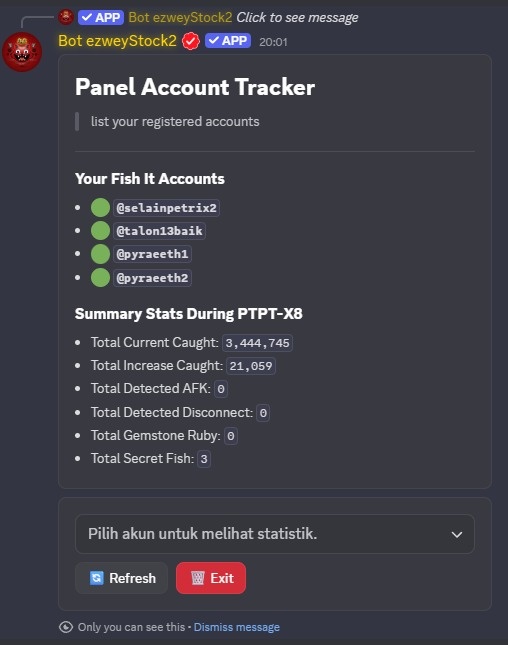 roblox_fess's tweet photo. https://t.co/QRSWju9c3s
🍀 PT/PT X8 BOOST / GIFT SERVER BOOST LUCK X8 🍀

⏰ Start: 31 January 2026 | 22:00 (PT/PT Event)

💰 PT / Party Account:
• 24 Jam — Rp17.000 / Account
• 48 Jam — Rp27.000 / Account

🍀BOOST SERVER X8 VIA LOGIN🍀
COCOK BUAT YANG OPEN PTPT!

• 24 Jam (1 Hari) = Rp 275.000
• 48 Jam (2 Hari) = Rp 500.000
• 72 Jam (3 Hari) = Rp 725.000
• 96 Jam (4 Hari) = Rp 955.000
• 120 Jam (5 Hari) = Rp 1.225.000
• 144 Jam (6 Hari) = Rp 1.410.000
• 168 Jam (1 Minggu) = Rp 1.605.000
• 336 Jam (2 Minggu) = Rp 3.010.000
• 504 Jam (3 Minggu) = Rp 4.345.000
• 672 Jam (4 Minggu) = Rp 5.660.000

Durasi bebas dengan minimal 24 jam (berlaku kelipatan) 
Penjelasan :
VIA-LOGIN = LOGIN>GIFT>KELAR (AKUN CUMA DIMASUKIN KE PS SAJA) *FULL GARANSI*

✨ Benefit Utama:
• Full Cuaca!
• Notifikasi AFK (tidak ada aktivitas me-mancing selama 10 menit terakhir)
• Notifikasi DC (tidak kembali ke-server setelah 10 menit)
• Notifikasi Caught Secret (notifikasi untuk Ikan Secret)

📸 Contoh notifikasi AFK/Disconnect & Notifikasi Caught Secret/Ruby Gemstone bisa dilihat di screenshot di bawah.
AFK aman, notif jalan 🍀

👉 Minat? Langsung join Discord ezweystock via link di atas.