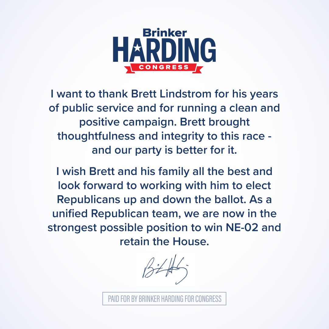 I want to thank <a href="/brettlindstrom/">Brett Lindstrom</a> for his years of public service and for running a clean and positive campaign. Brett brought thoughtfulness and integrity to this race - and our party is better for it. 

I wish Brett and his family all the best and look forward to working with him
