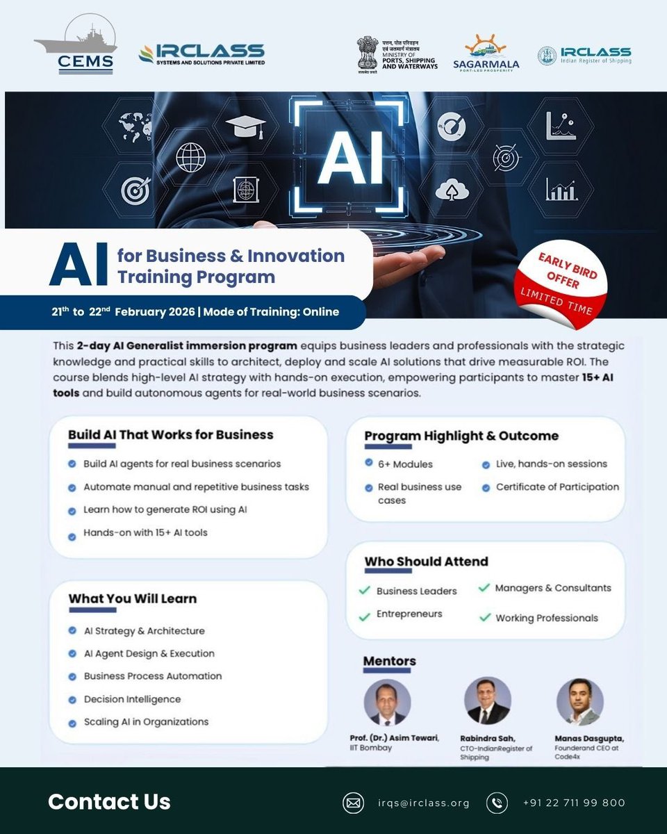 cems_in's tweet image. AI isn’t the future—it’s your business edge.
Join the AI for Business &amp;amp; Innovation program to build ROI-driven AI solutions.

📅 21–22 Feb 2026 | Online
⚡ Early bird offer available

@shipmin_india @minmsme @irclass 

#AIForBusiness #AITraining #BusinessInnovation