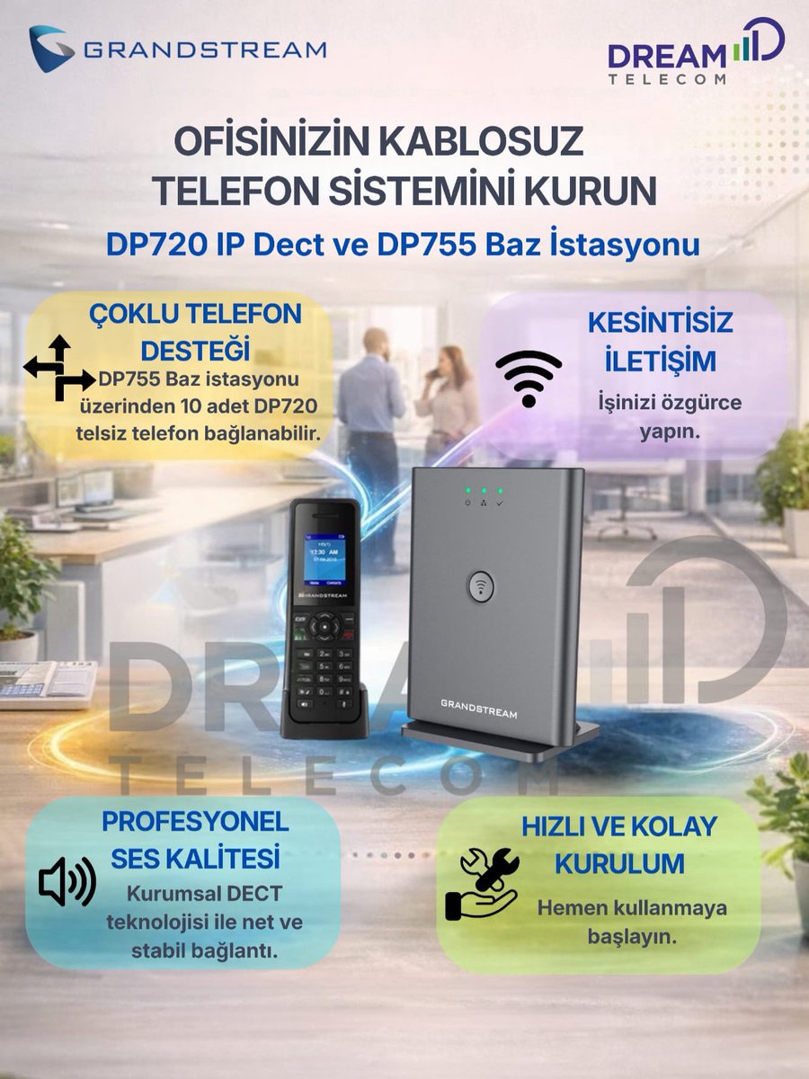 📠 Her iş konuşmasında hareketlilik, kapsam ve kalite

✅ Kablosuz İletişim: Grandstream DP720 + DP725 ile DECT Çözümü

İşletmenizi yüksek kaliteli dijital kablosuz telefon hizmeti sunmak için tasarlanmış DECT (Dijital Gelişmiş Kablosuz Telekomünikasyon) özgürlüğüyle bağlayın.