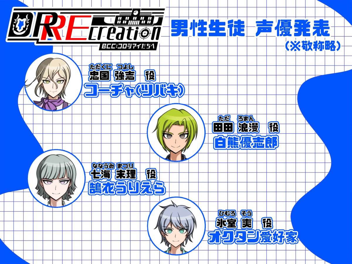 【DRレク 声優発表】

大変長らくお待たせ致しました。この度、物語を彩る声優様方が完全決定致しました。
沢山のご応募ありがとうございました。運営一同、大変感謝致します。
それから、合格された皆々様、これからよろしくお願いいたします。これからも、素敵な作品に出来たらと思います。