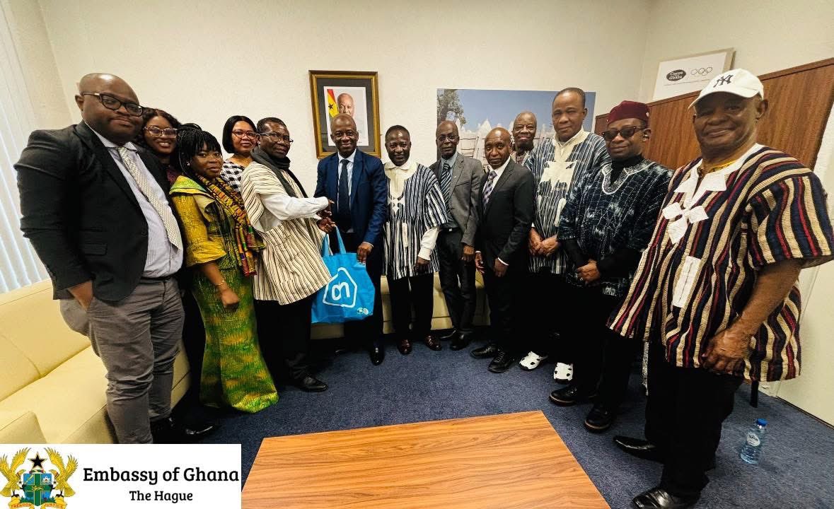 GhanaEmbNL's tweet photo. The Volta Citizens Union paid a courtesy call on Ghana’s Ambassador-Designate, H.E. Eddison Mensah Agbenyagah, &amp; Dep. Prof. Emmanuel Netsey-Afedo on 29 Jan. Discussions covered community-led development, diaspora heritage, investment &amp; exchange opportunities, and dual nationality https://t.co/SHEZa0hhLk