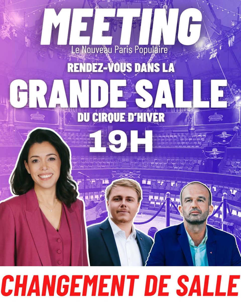 🚨 Grosse annonce ! 

🔥 On change de salle ! Le meeting qui devait se tenir à la ménagerie du Cirque d'Hiver est victime de son succès avec plus de 1 000 inscrits ! On vous donne donc rendez-vous dans la Grande Salle du Cirque d'hiver à 19h ! 

🔗 Inscrivez vous :