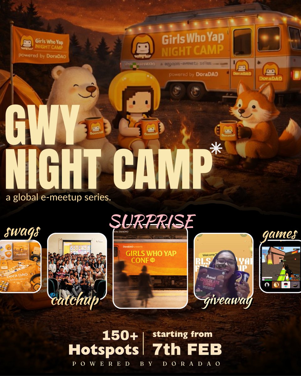 A global meetup series, hosted across 150 hotspots worldwide

Campfires. Conversations. students, professionals, yappers.
One night. Many cities. One vibe.

We’re bringing the GWY Night Camp to communities around the world, meetups with real people, real stories, and zero boring