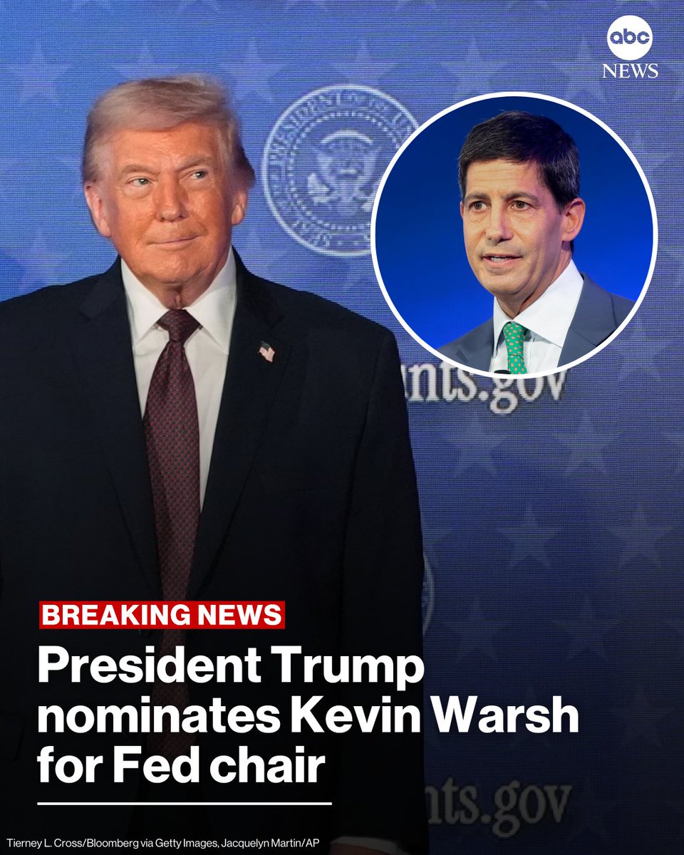 ABC's tweet image. NEW: President Trump has nominated Kevin Warsh to be the new Federal Reserve chairman.

Read more: abcnews.link/lmK0fJ1