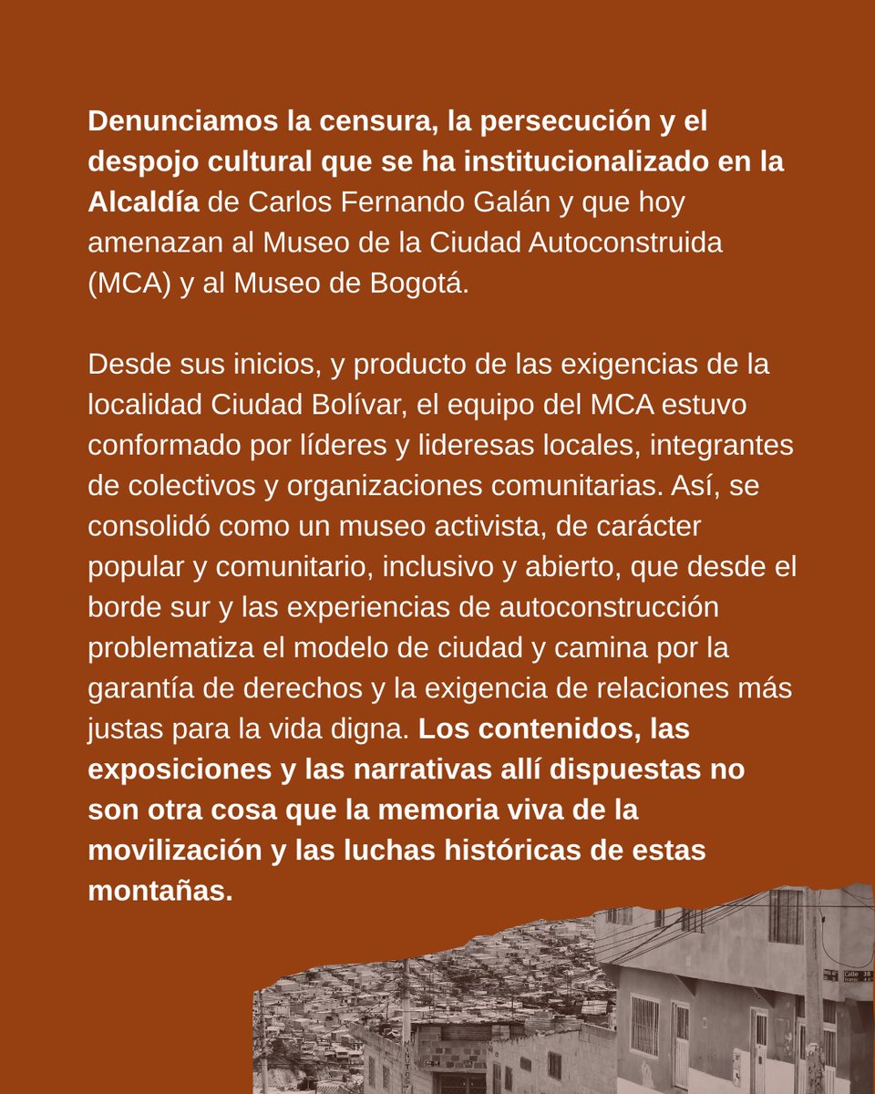 AndrsTrece's tweet image. Perfilamientos a líderes sociales, ataques presupuestales e imposición de una narrativa populista y electorera en contra de las comunidades, eso está haciendo Ceroluchas y sus cómplices contra el Museo de la Ciudad Autoconstruida y el Museo de Bogotá. Gravísima denuncia.