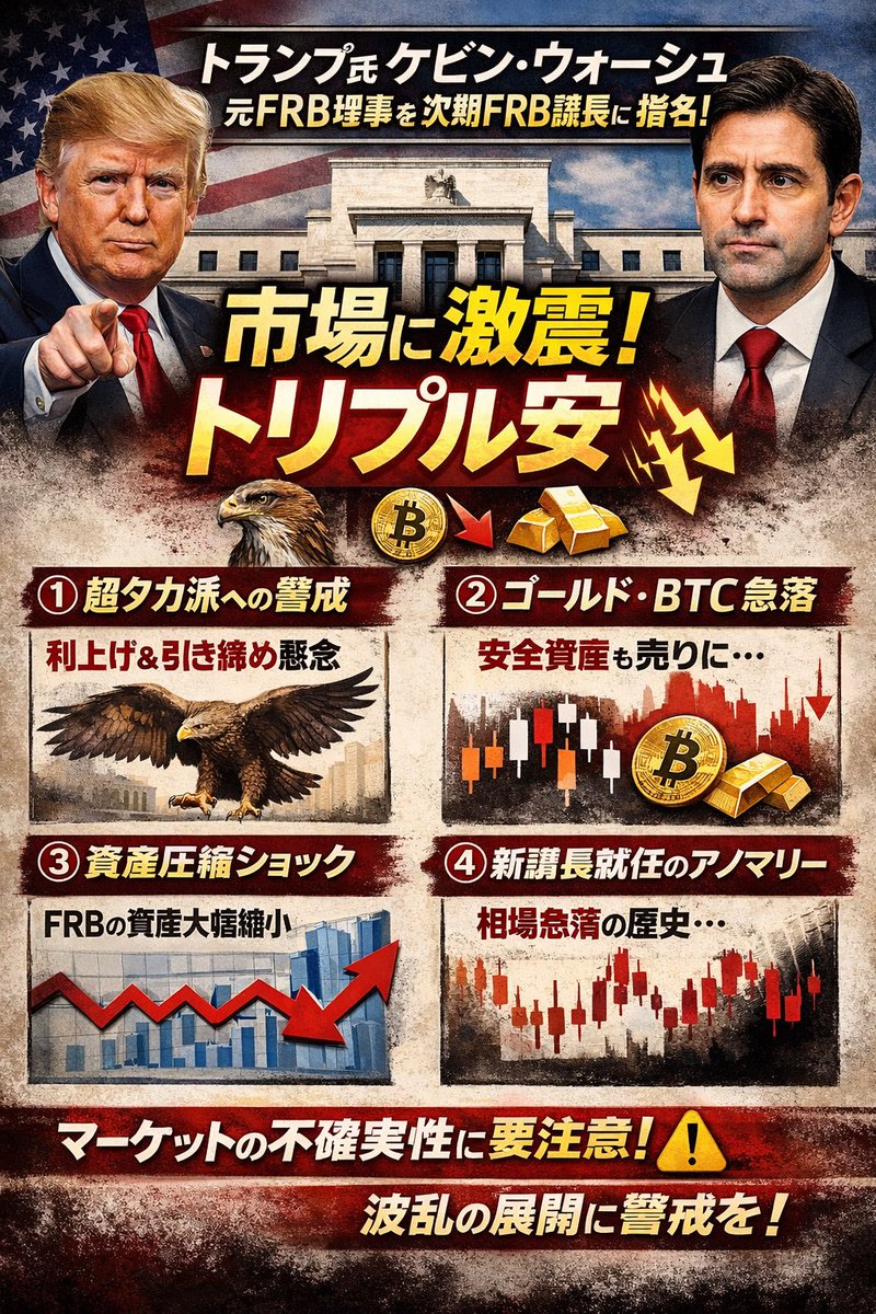 米株の時間外が下げてる理由はこれですね💡 トランプ大統領が次期FRB議長に「ケビン・ウォーシュ元理事」の指名を発表🇺🇸🏦  なぜ市場が嫌気して株・BTC・ゴールドがトリプル安になっているのか、重要ポイントをまとめました👇 1️⃣ 筋金入りの「タカ派」への警戒 ...