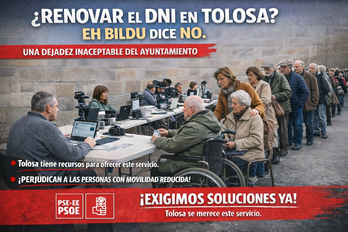 PSETolosa's tweet photo. 📢 Denunciamos la dejadez de EH Bildu por no ofrecer la renovación del #DNI en Tolosa.

🗣️ Joxe Mari Villanueva: “Es una clara falta de voluntad política. Tolosa tiene recursos más que suficientes”.

👉 8 municipios de Gipuzkoa ya lo hacen. Tolosa no puede quedarse atrás. https://t.co/mkLQv9YYzu