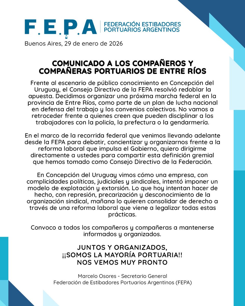 COMUNICADO A LOS COMPAÑEROS Y COMPAÑERAS PORTUARIOS DE ENTRE RÍOS

Decidimos organizar una próxima marcha federal en #EntreRíos, como parte de un plan de lucha nacional en defensa del trabajo y los convenios colectivos.