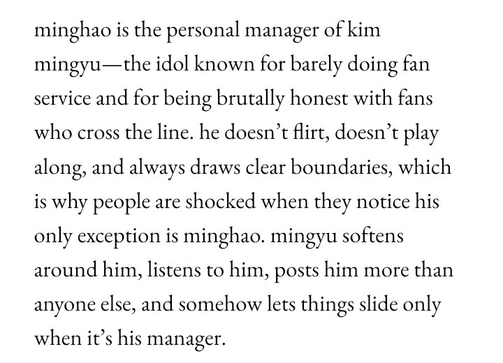 swayhaovt's tweet photo. someone PLEASE write a gyuhao au where mingyu doesn't believe in fanservice, he doesn't flirt, except when it's minghao, his manager… and it never goes anywhere because real life already got there first. i hope someone writes this 🙏🏻 https://t.co/RDpvSB8a3M