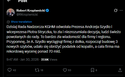 Kropiwnicki opublikował swój wpis o 9:47 rano.

Spóka KGHM opublikowała w systemie ESPI informację o 12:11. 

To co? Może jakieś zawiadomienie do prokuratury na Posła, który ujawnia niejawne informacje? 

Halo <a href="/PK_GOV_PL/">Prokuratura</a>