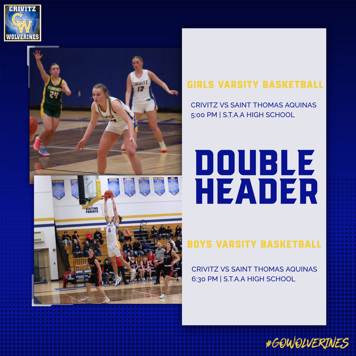 The Crivitz High School Basketball Programs are on the road tonight at Saint Thomas Aquinas Academy for a conference matchup. Varsity Girls will tipoff at 5:00 p.m. with the Varsity Boys to follow at 6:30 p.m. #GoWolverines