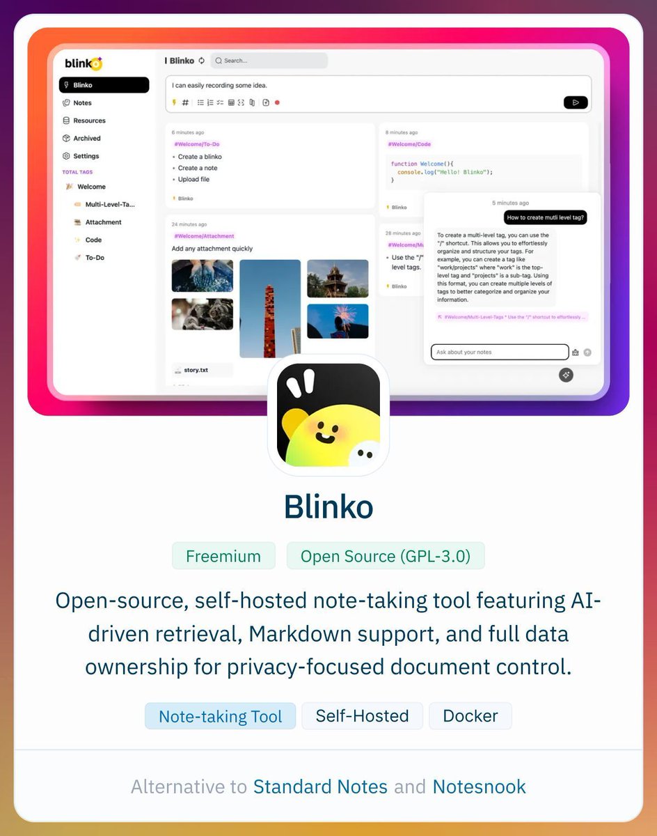 AlternativeTo's tweet photo. An open source, self-hosted personal AI-powered note taking app that prioritizes privacy, built with TypeScript https://t.co/rNWoPVslM7 https://t.co/iP89mDG30C