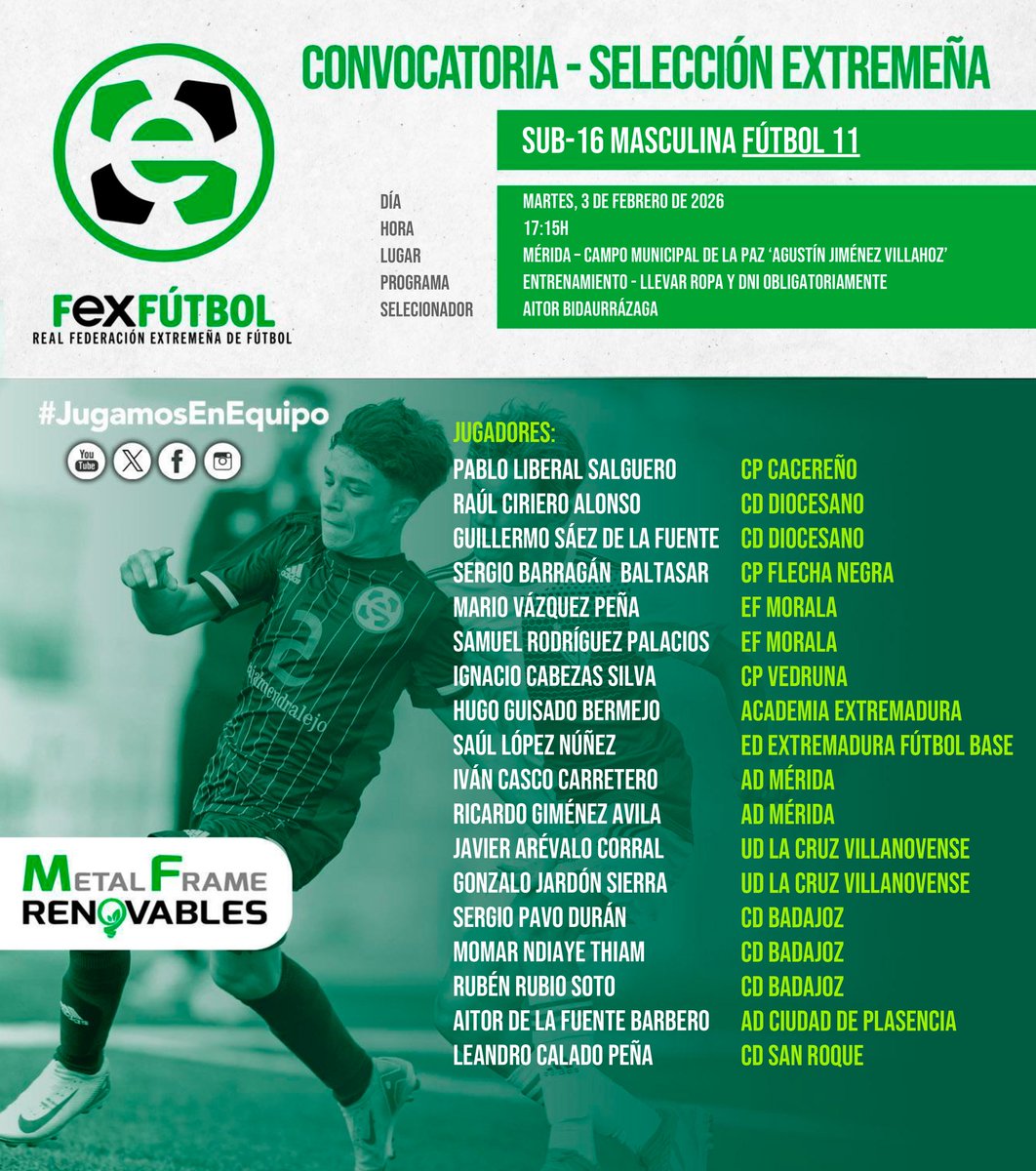 FedExFutbol's tweet photo. 💚🤍🖤 | #SelecciónExtremeña |

📌Nuevas convocatorias para las Selecciones EXTREMEÑAS Sub-14 y Sub-16 Masculinas el martes 3 de febrero en 📍Mérida.

#SomosFEXFUTBOL
#VamosExtremeña https://t.co/V2WIvyBzes