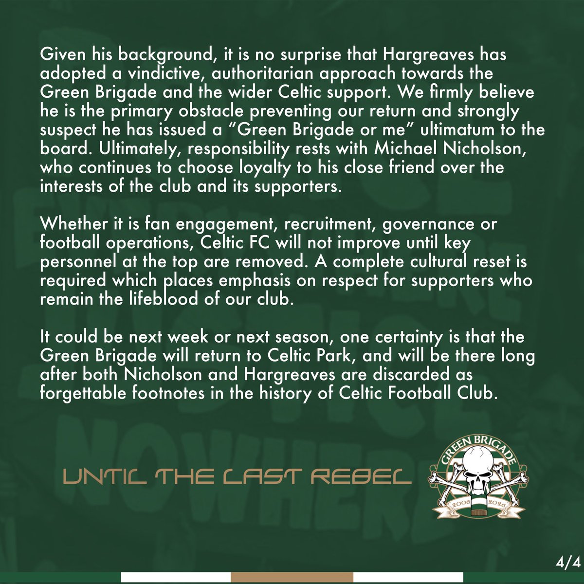 Green Brigade update to supporters:

- banned since 7/11/2025 (19 matches)
- internal attempts to resolve thwarted 
- Nicholson &amp; Hargreaves relationship
- Hargreaves' ultimatum