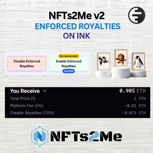🚀 Big news for the NFT community on <a href="/inkonchain/">ink</a>!

💥 Enforced on-chain royalties (ERC-721C) are now live for NFT collections on <a href="/NFTs2Me/">NFTs2Me ⧫ NFT Toolkit for Creators</a> 🧙‍♂️✨

Creators now earn a % on every secondary sale — guaranteed, on-chain. 💰
Available for all Ink collections deployed on NFTs2Me ✅
🧵 ⬇️