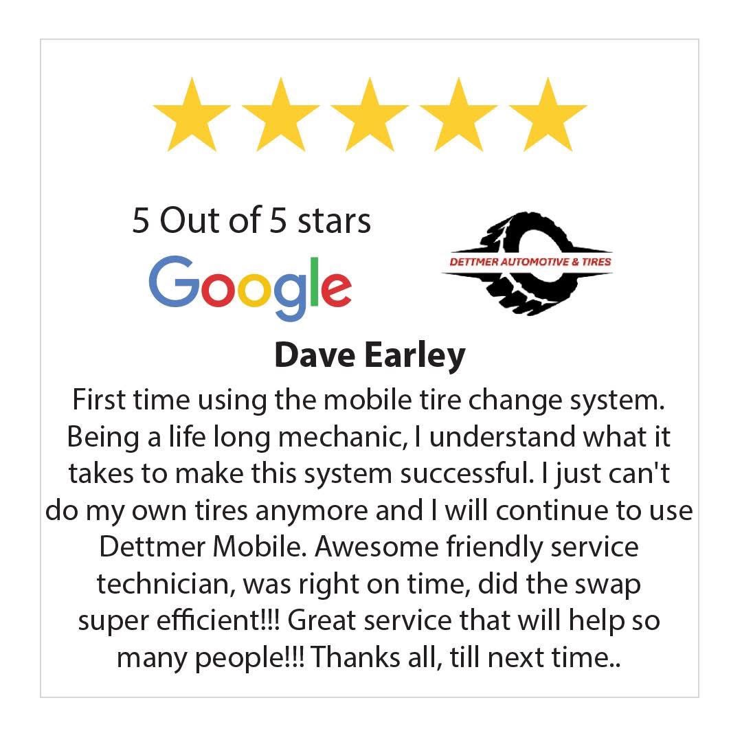 GOOGLE REVIEWS
⭐️ ⭐️ ⭐️ ⭐️ ⭐️ 
 
Thank You Dave Earley for sharing your experience with Dettmer Tire!

👉 Visit dettmertires.com to book your service today! We’re excited to enhance your experience 

#Guelph #GuelphTires #DettmerTire #GoogleReviews