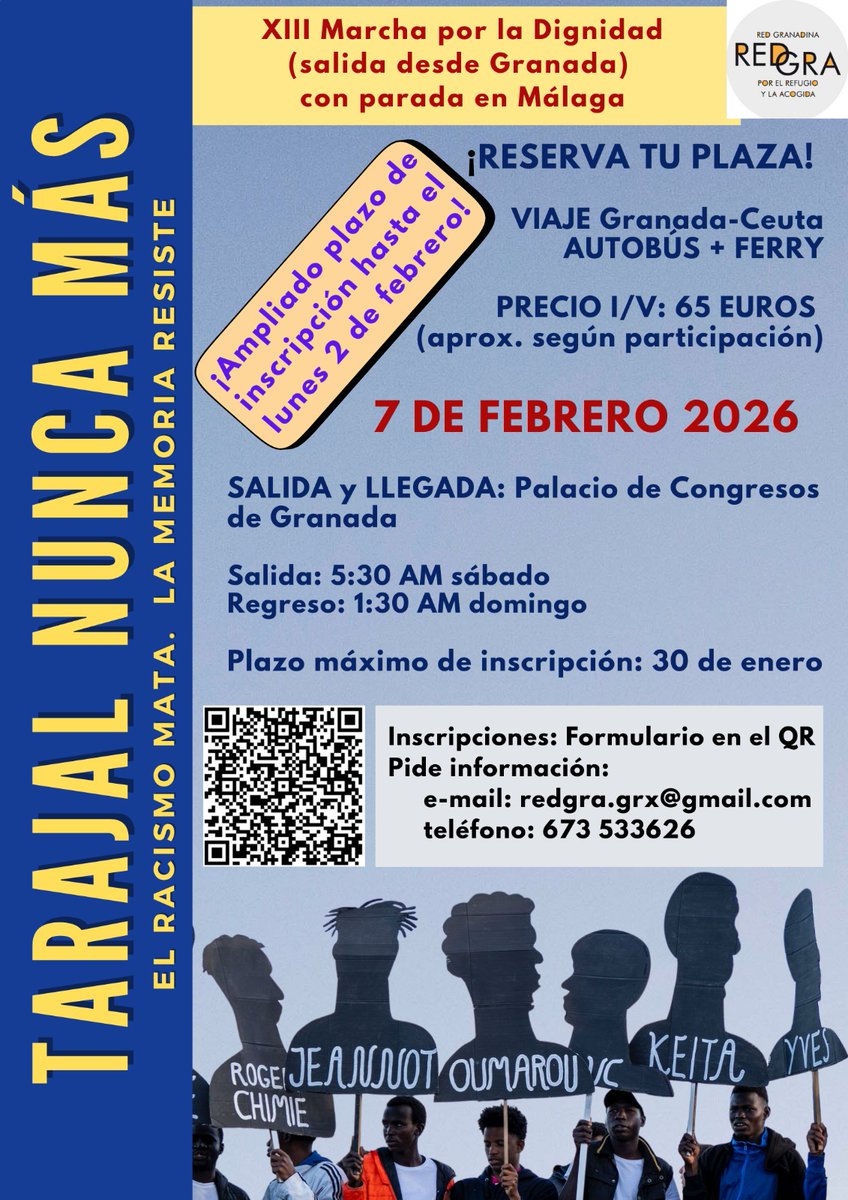 🚌 Reserva tu plaza para el viaje desde Granada o Málaga. Inscríbete aquí: https:// docs.google.com/forms/d/e/1FAI…

¡Súmate a esta marcha de memoria, solidaridad y reivindicación!
Por un mundo donde migrar no sea un delito, sino un derecho.