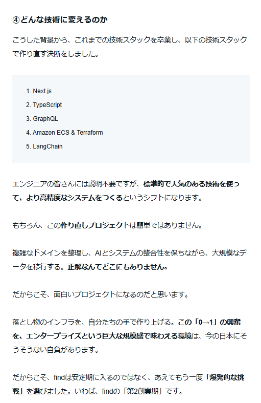 suan_news's tweet photo. 落とし物スタートアップ「find」、解約率0%のシステムをゼロから作り直すとのこと。

その理由は人材エージェントから「今の技術スタックだと人を紹介できない」という指摘がきっかけ。
現在「Amplify」と「Nuxt3」で構成されているシステムをゼロから作り直すとのことです。

変更予定の技術スタックは以下のとおり。
1. Next.js
2. TypeScript
3. GraphQL
4. Amazon ECS & Terraform
5. LangChain

エンジニア界隈からは賛否の声も上がっています。
選定の背景なども面白かったのでぜひ。

解約率0%のシステムを、作り直すことにしました。〜エージェントからfindさんに紹介できません、と言われたあの日〜
https://t.co/CegxHyDNDx