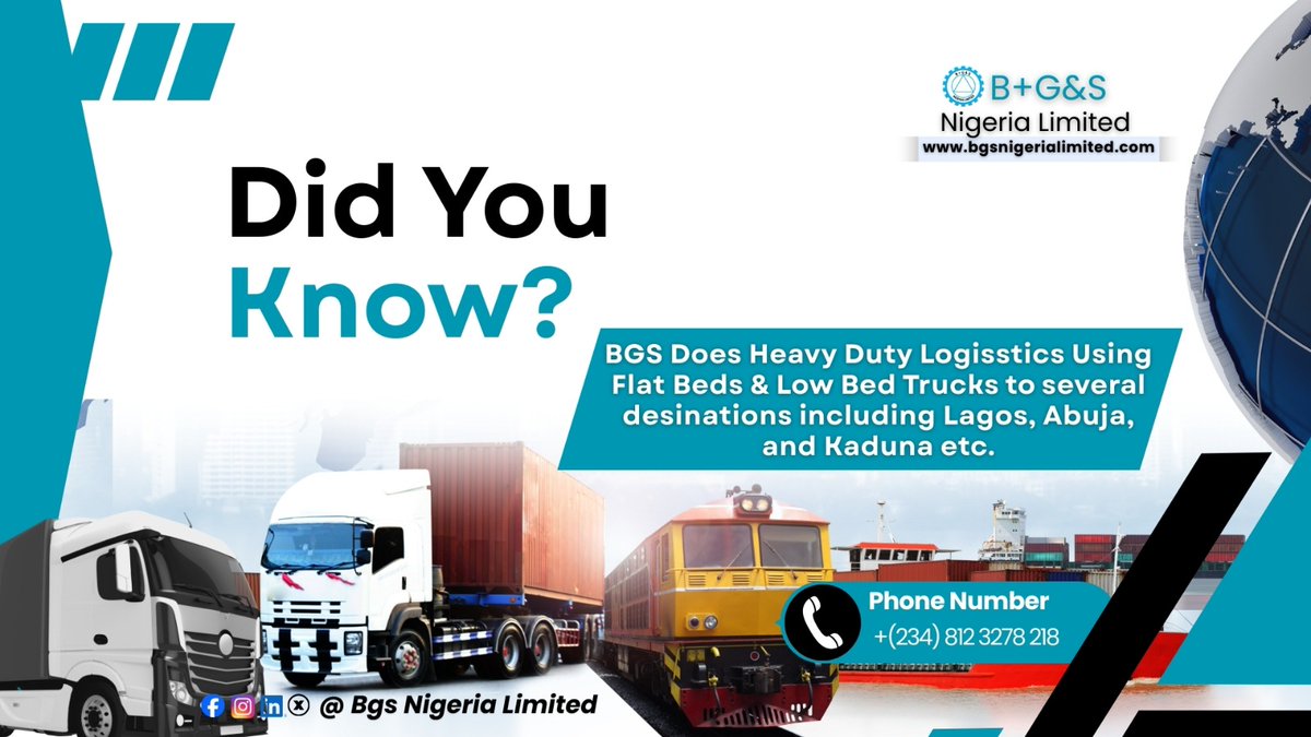 BgsNigeria's tweet image. DID YOU KNOW?

B+G&amp;amp;S Nigeria Limited delivers heavy-duty logistics solutions across Nigeria using flatbed and low-bed trucks designed to handle oversized and specialized cargo.
From Lagos to Abuja, Kaduna, and beyond, we ensure your equipment delivered safely #HeavyDutyLogistics