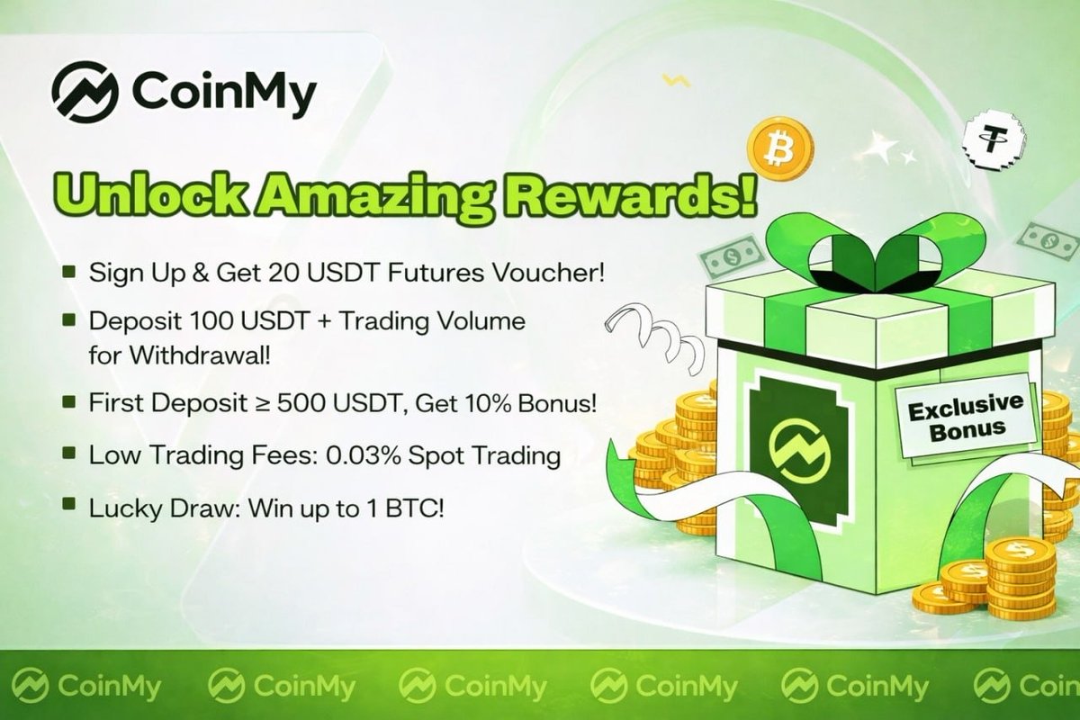AltSniper100X's tweet photo. 🎁 CoinMy New User Rewards Program

Register via the official invitation link to unlock exclusive benefits:

• 20 USDT Futures Voucher for new users
• 10% bonus on first deposit ≥ 500 USDT
• Low spot trading fee: 0.03%
• Lucky Draw: Win up to 1 BTC

👉 Sign up only via this link to receive the 20 USDT reward:
https://t.co/THUCMLEarl
#Crypto #Bitcoin #ETHUSD #CryptoCommunity