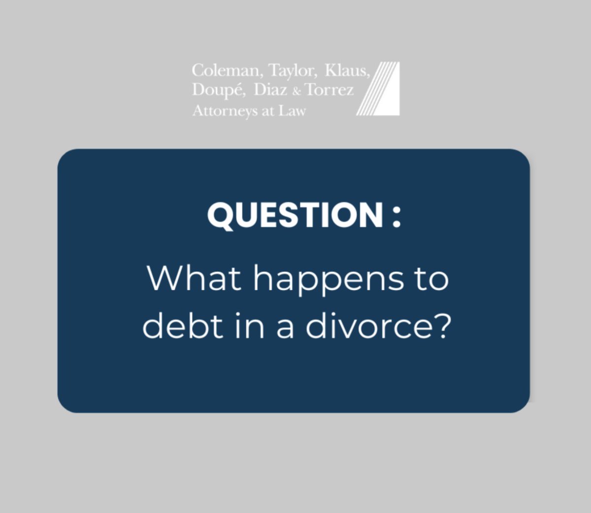 CTKDDTLaw's tweet photo. In Florida, debt is divided under the same equitable distribution principles that apply to assets. Debts incurred during the marriage are generally considered marital debt and may be divided fairly between both spouses, regardless of whose name is on the account. https://t.co/4bqFdO4ULu