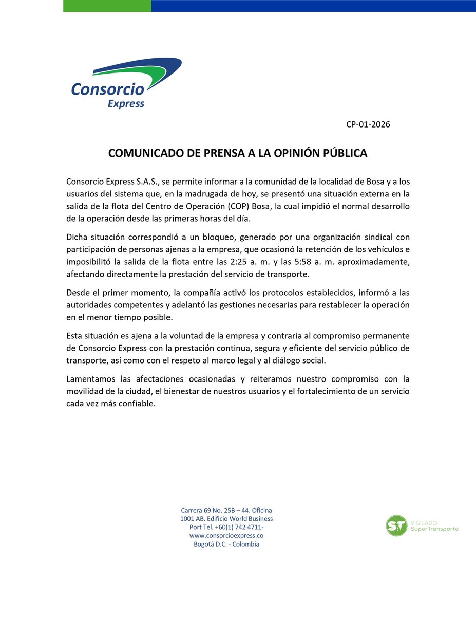 #ATENCIÓN 📢 Consorcio Express S.A.S se permite informar a la opinión pública lo siguiente:

#movilidad #Bogotá #HOY #bosa  #transporte #SITP #Bogota