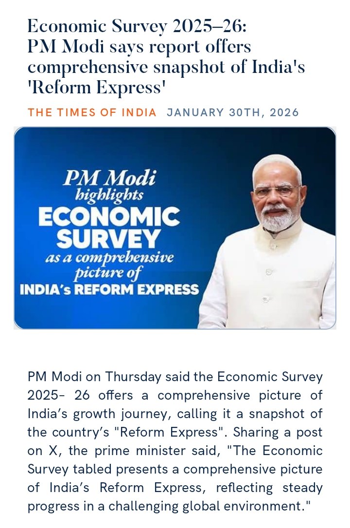 PrahaladChakra5's tweet photo. Economic Survey 2025–26: PM Modi says report offers comprehensive snapshot of India's 'Reform Express'
https://t.co/44A79iED7J via NaMo App https://t.co/oXn9IziwrK