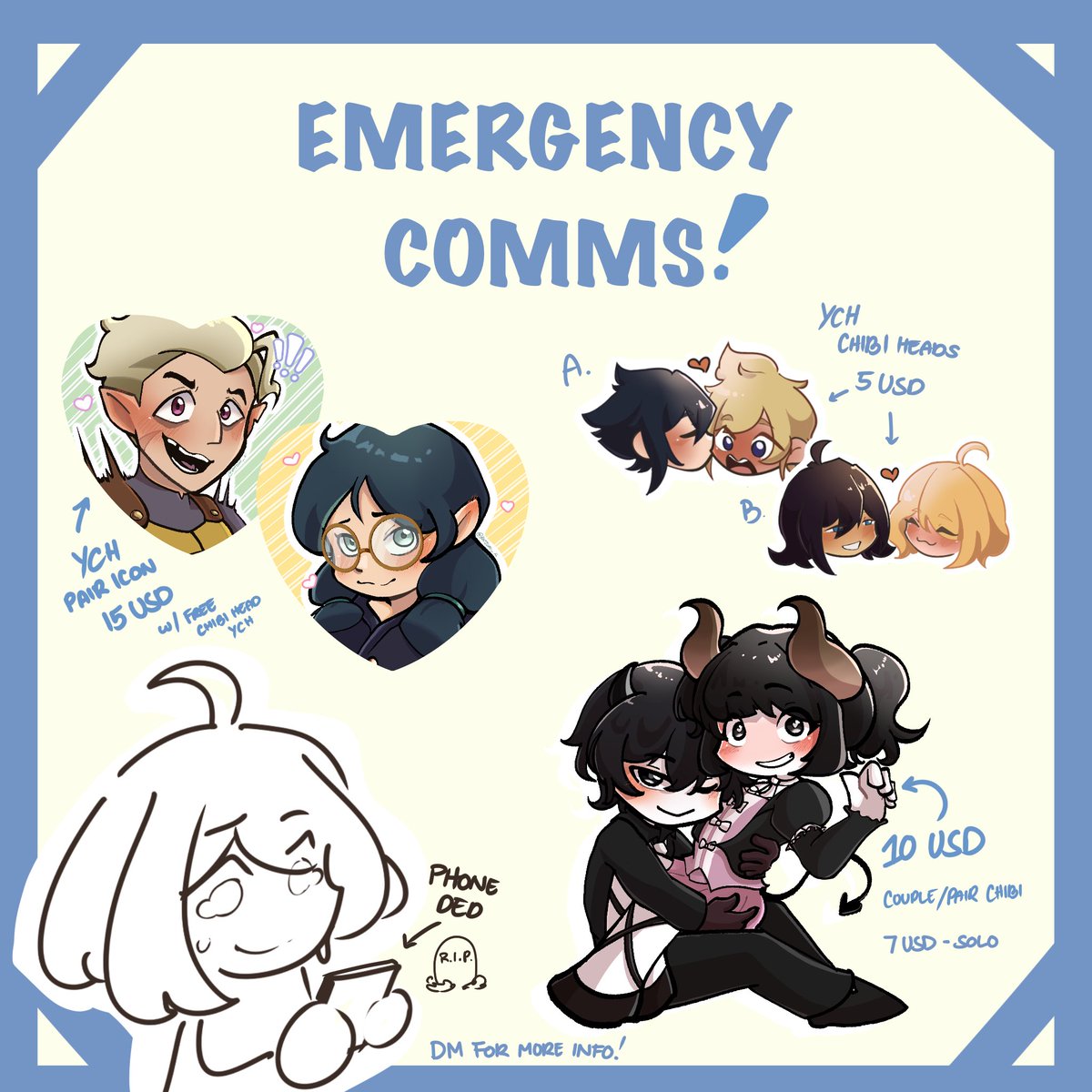 Emergency comms! My phone broke and I cant really afford my savings to take another hit cus of thesis project TT retwts are highly appreciated TT 💙

See my Vgen (pinned) or DM me for more info!

#commissionsopen #VGenOpen