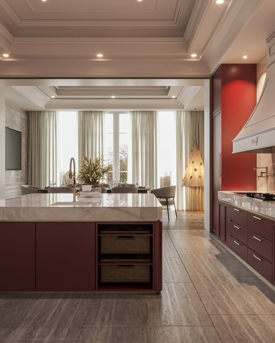 Kuche7official's tweet image. Noel Kitchen: Warm, Classic, and Festive
Rich wine-red cabinetry pairs beautifully with soft marble surfaces &amp;amp; a gentle festive glow, creating a kitchen that feels inviting and refined.#kitchenorganization #stainlesssteelkitchen #kitchen #kitchendesignideas #kitchenisland #Kuche7
