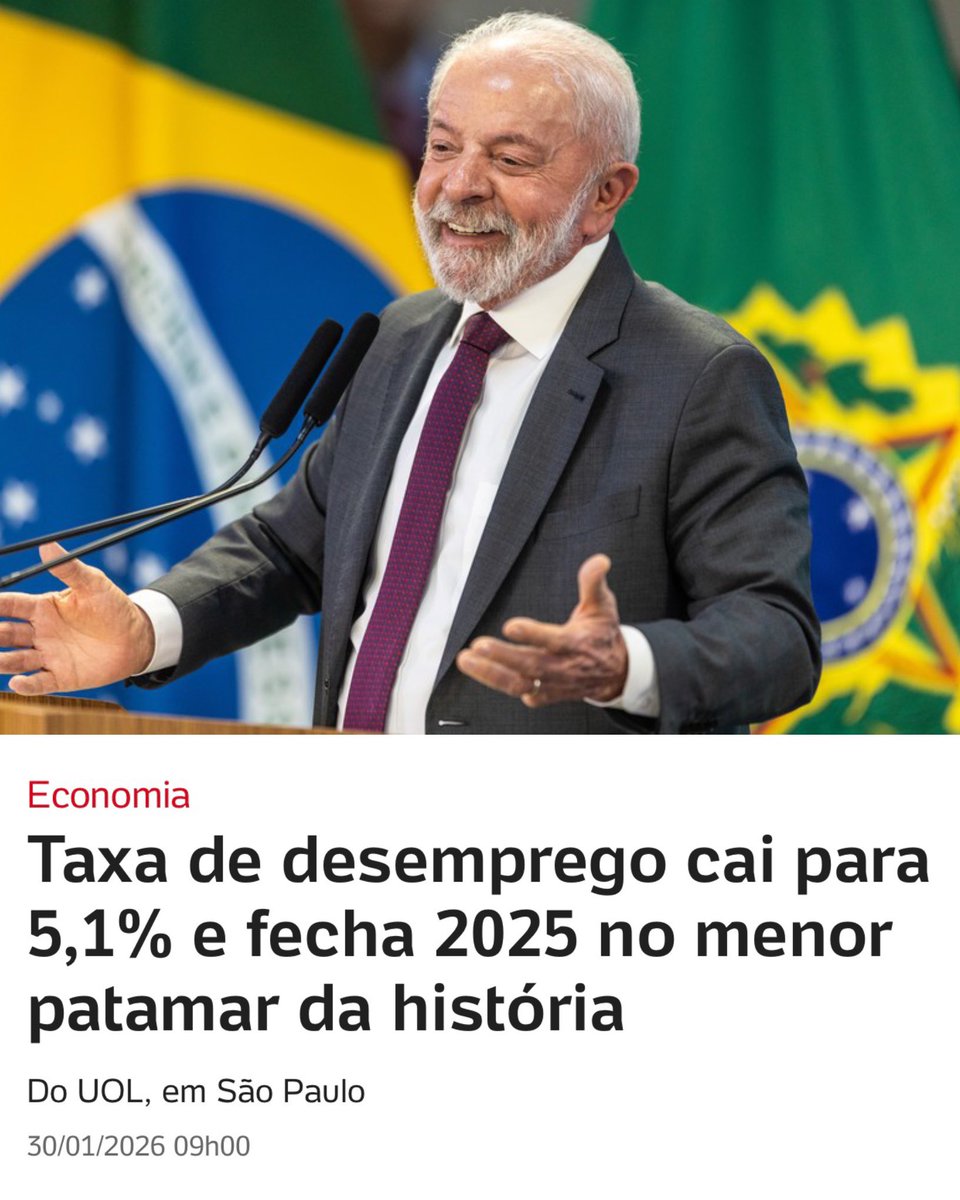 lazarorosa25's tweet image. 🚨 URGENTE: Acaba de ser divulgada a taxa de desemprego de 2025: 5,6%, a menor da série histórica. HISTÓRICO!

Mais um golaço do governo Lula 🇧🇷🚀

BRASIL QUE AVANÇA
LULA É TRABALHO
