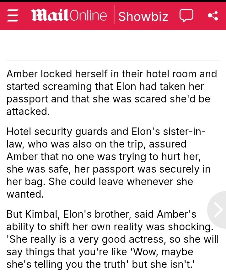 TehranKnight's tweet photo. This is a statement from Elon musk's brother in his autobiography-
Amber heard will say things that you're like 'wow, maybe she's telling you the truth' but she isn't .
Her ability to shift her own reality is shocking. https://t.co/32OV1DKCfU