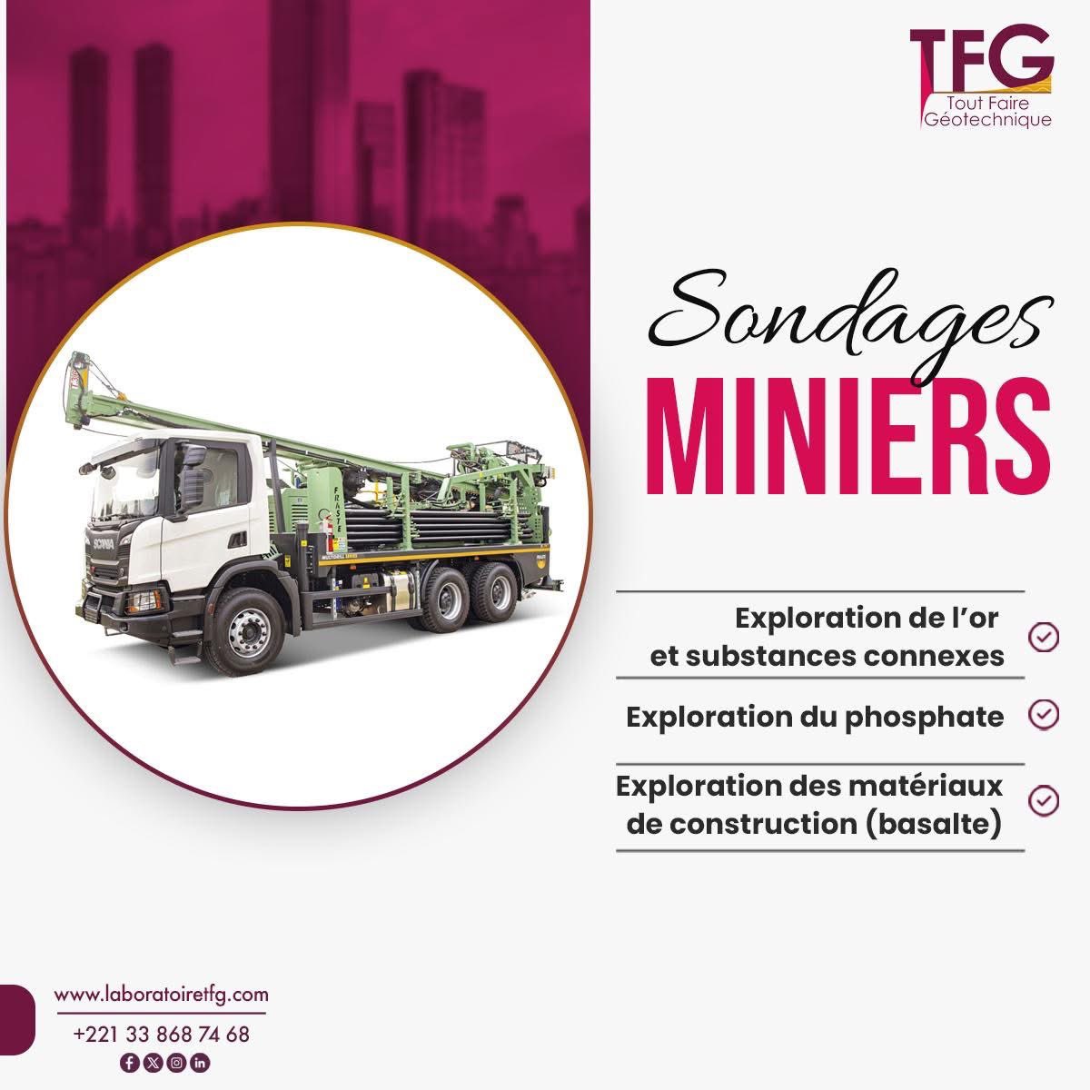 Chez TFG, notre expertise en sondages miniers accompagne vos projets d’exploration (or, phosphate, basalte) avec des techniques adaptées, précises et conformes aux normes.
🎯 Des données fiables pour sécuriser vos décisions et optimiser vos investissements.

#TFG #SondagesMiniers
