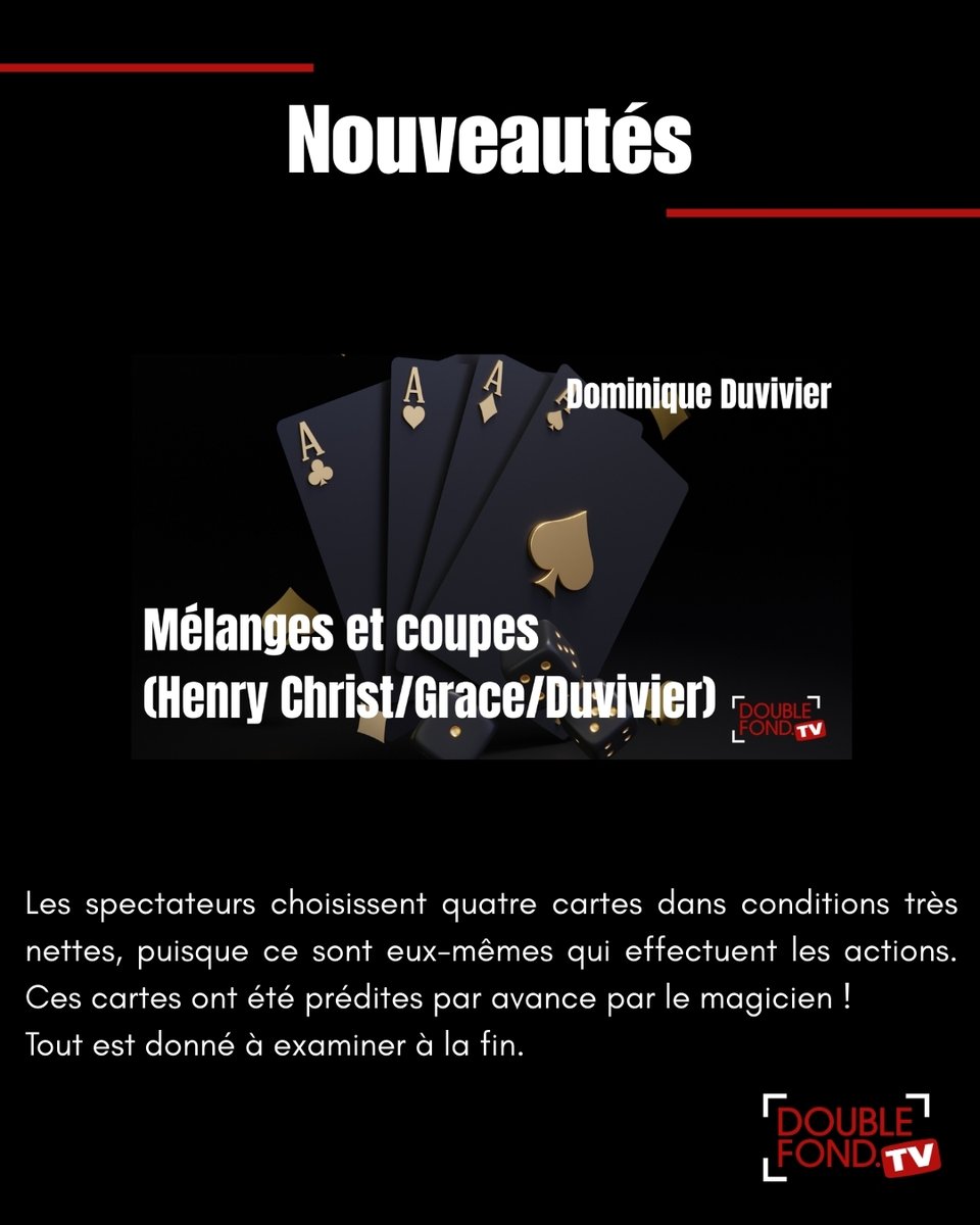 Aujourd’hui, découvrez mon nouveau tour « Mélanges et coupes », une routine qui ne manquera pas d’étonner vos ami(e)s ! 😲
Rendez-vous sur Double Fond TV : doublefond.tv/fr/