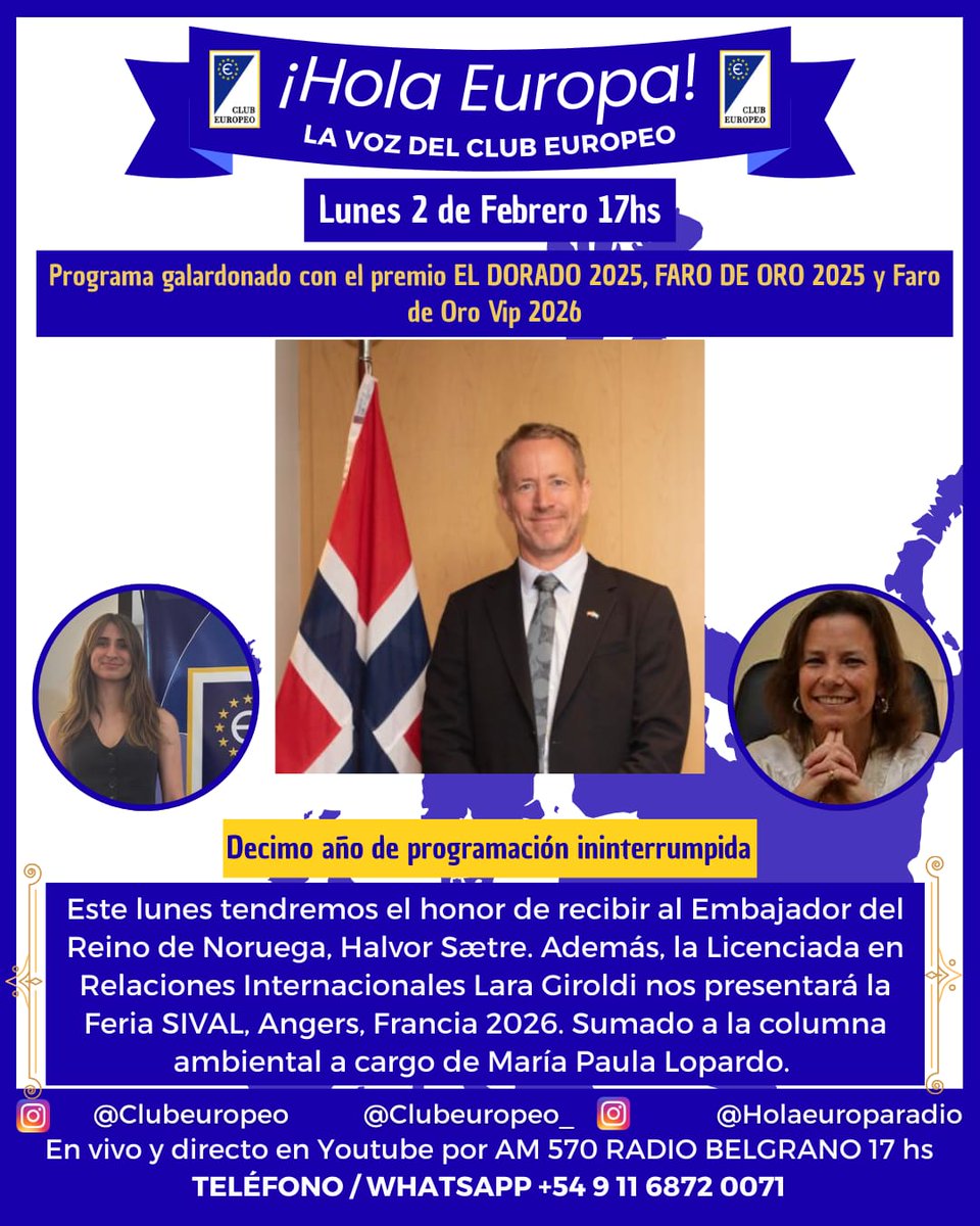 El lunes ,festejando el Decimo Año de Hola Europa nos visitará  el Embajador del Reino de Noruega  Halvor Sætre, siganlo en vivo por streaming y youtube AM570 Radio Belgrano.