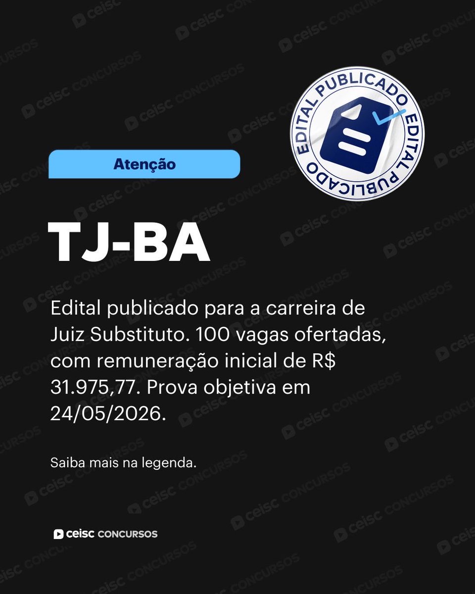 Publicado o edital para Juiz Substituto do TJ-BA, com organização da FGV

São 100 vagas, remuneração inicial de R$ 31.975,77 e prova objetiva em 24/05

Acesse já ceisc.com.br e saiba mais sobre o curso que nossos especialistas prepararam para você conquistar a nomeação