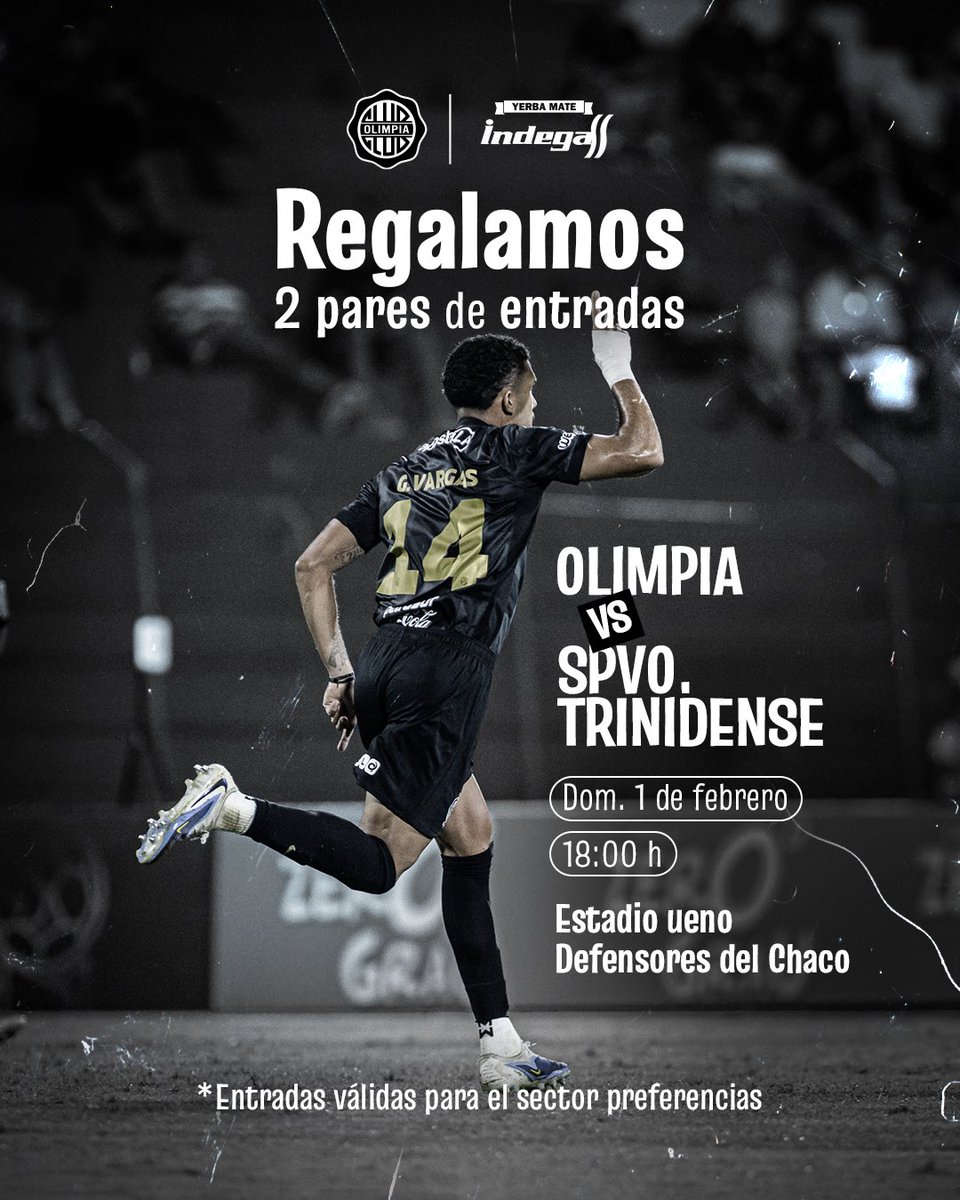 ¡Alentá a Olimpia!
Ganá uno de los pares de entradas para vos y un amigo 😎
Comentá tu pronóstico del partido 
Dale RT a este post
Seguinos 
¡Y listo! ya estás participando ⚽
