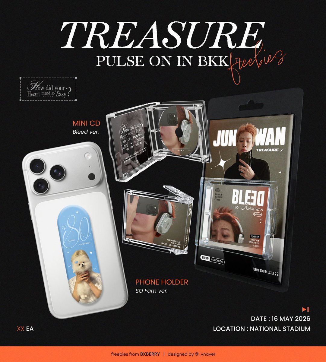 ♪ ★ so junghwan freebies ★ ♪

⊸ mini cd keyring ( bleed ver. )
⊸ phone holder ( so fam ver. )

✧ limited qty ー one per person ✧

note﹗⦂
strictly for sjh bias only 🗯

special thanks to #vn_cms

#PULSE_ON_IN_BANGKOK