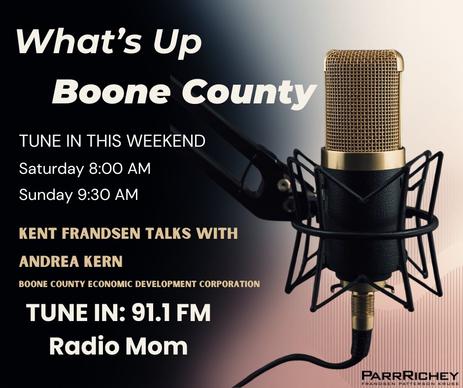 🎙️ This Week on “What’s Up Boone County”
Kent Frandsen of Parr Richey talks with Andrea Kern of the Boone County Economic Development Corporation.

📅 Saturday – 8:00 a.m.
📅 Sunday – 9:30 a.m.
📻 Radio Mom 91.1 FM

#WhatsUpBooneCounty #BooneCountyLife #IndianaRadio #LocalVoices