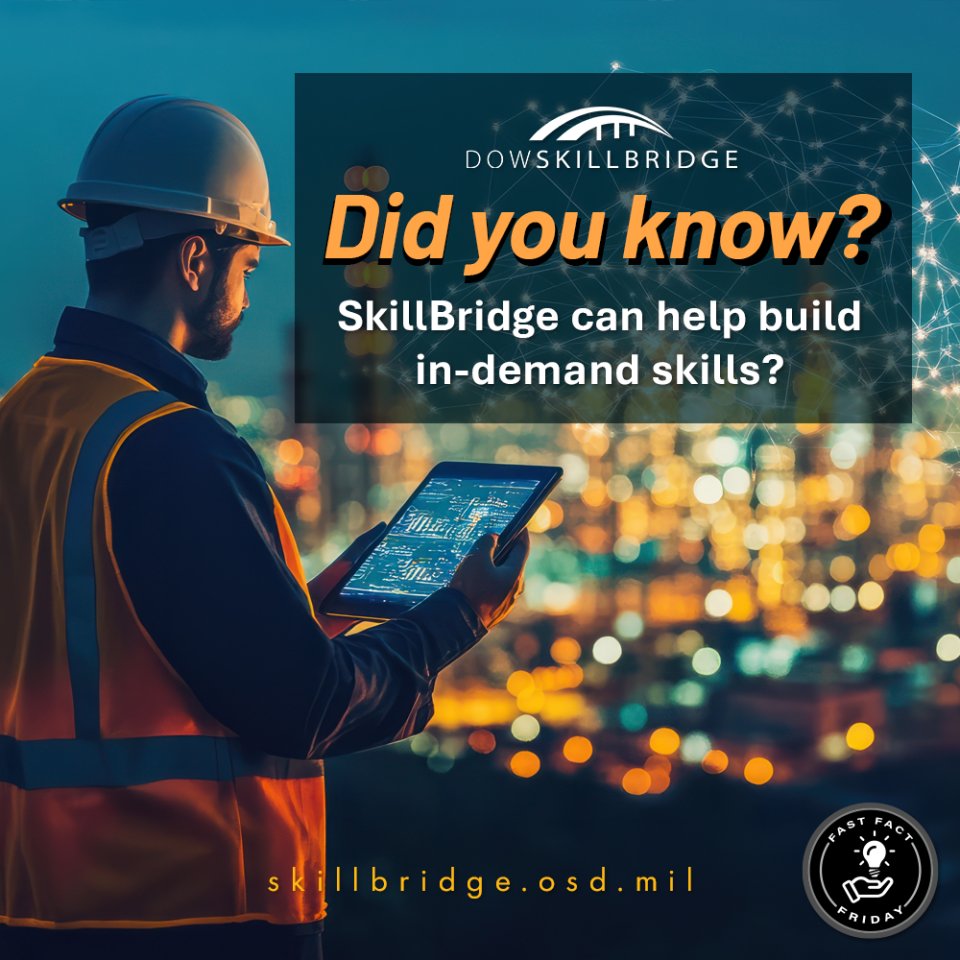 DoWMCTO's tweet image. Did you know DoW SkillBridge can help build in-demand skills?​

Through hands-on experience SkillBridge helps service members prepare for what’s next—before they separate.​

#BeyondService #FASTFACT #DoWSkillBridge #MilitaryTransition #MCTO
