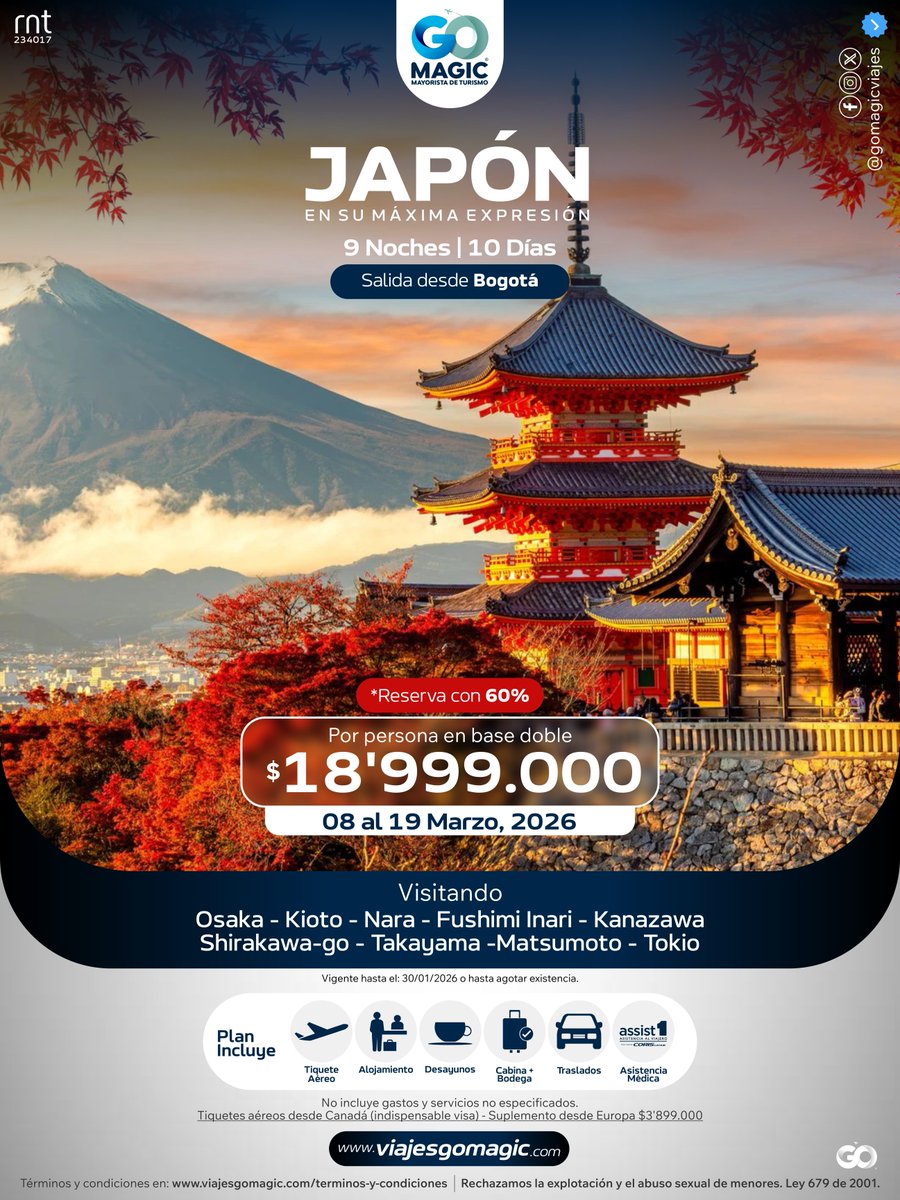 gomagicviajes's tweet photo. JAPÓN
Japón 🇯🇵✨ Osaka, Kyoto, Nara y Tokio… un viaje para tachar de la lista de sueños 😍⛩️
📲 WhatsApp +57 321 487 1147 — “JAPON 2026”
#Japan #Tokyo #Kyoto #Viajes #GoMagicTravel #Colombia
@AirCanada - @KLM https://t.co/efDXHBUcnI