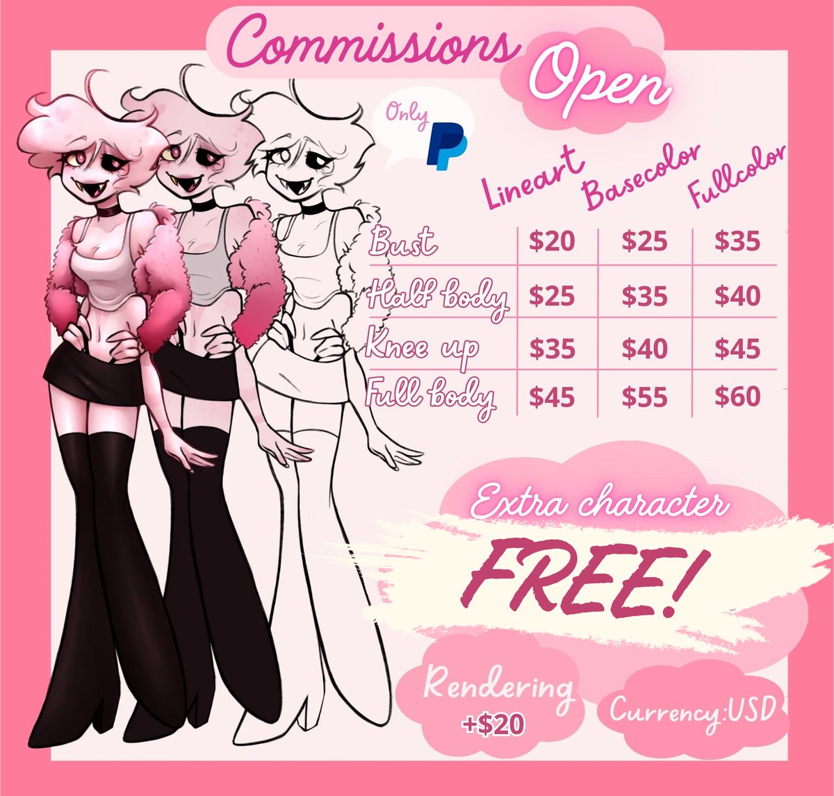 Free extra character until February 18th!! 💕
Only applies to ONE extra character 👥 Here are my Valentine's Day discount. If you want more information, leave a comment or send me a message 🥴💗
#HazbinHotel #Commission #commissionsopen #fanart