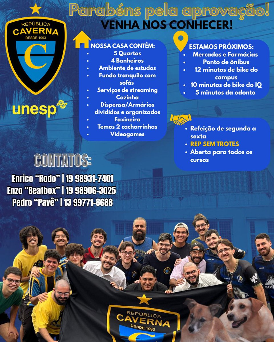 ralphzada's tweet photo. 💙💙Passou na UNESP Araraquara e não sabe onde morar??

Nós da República Caverna Araraquara te convidamos a fazer parte da nossa família!

Entre em contato conosco e enha nos conhecer!!!💛💛

passei na unesp | farmácia | EBB | Quimica | Economia | Administração | Letras https://t.co/G8BSjap8Gk