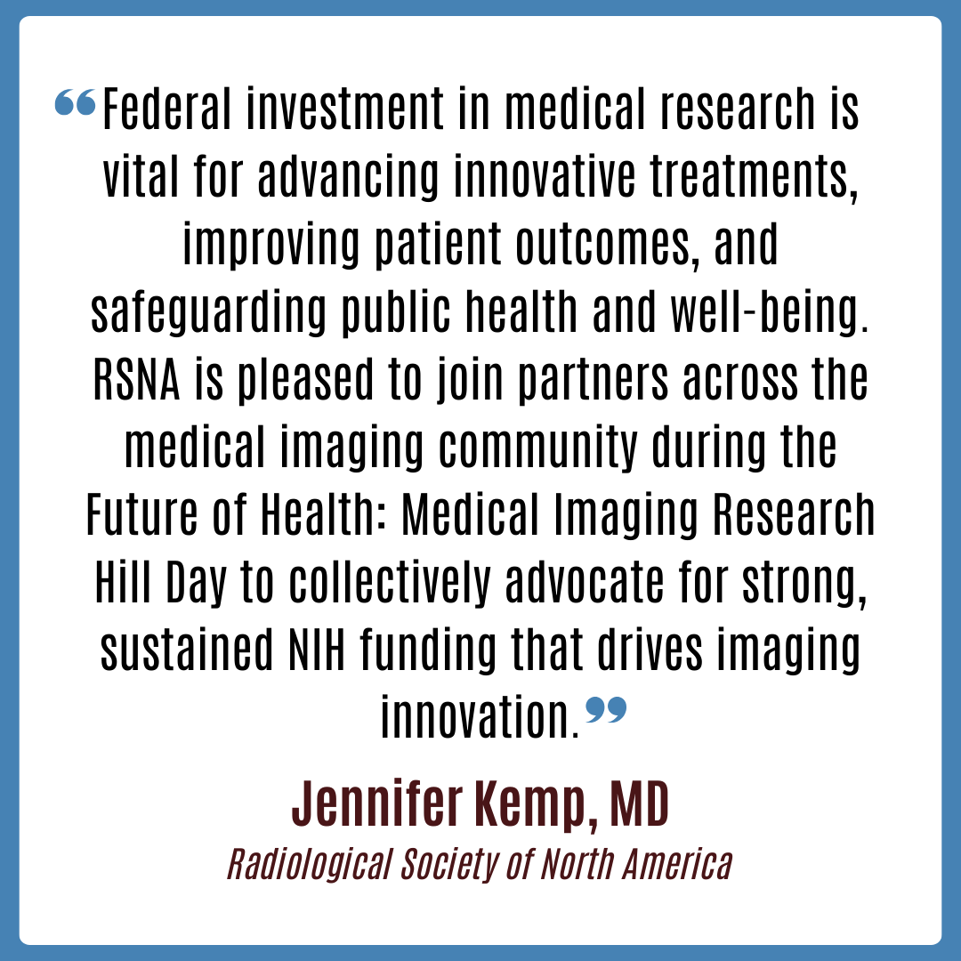 AcadRad's tweet image. As the #FutureOfHealth Medical Imaging Research Hill Day approaches, Dr. Jennifer Kemp, Board Liaison for Government Relations at RSNA, shares a little about RSNA’s participation and the value of federal support for research. 

Visit bit.ly/3ZyTULa to learn more.