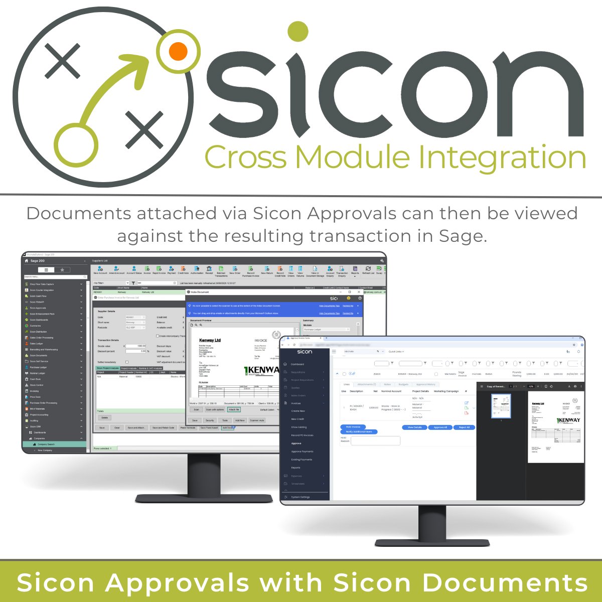 SiconLtd's tweet image. Providing full two-way visibilty

Documents added to Requisitions, Invoices, Expenses and Sales Orders within Sicon Approvals display alongside the resulting Sage transcations, creating a powerful integration tool that supports smoother business processes.

#Sicon