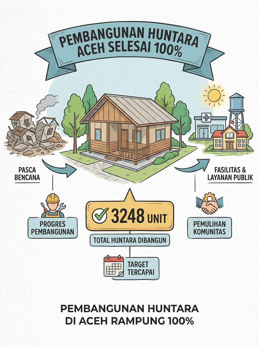 Kini, pemerintah juga telah menuntaskan 3248 unit atau 100% pembangunan hunian sementara di Aceh ya Min.

Semoga aksi nyata ini terus memberi rasa aman, nyaman, dan ruang bagi warga Aceh untuk bangkit di awal 2026.